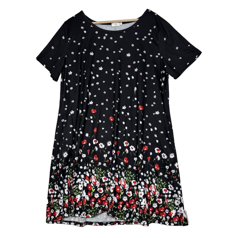 Sherosa Swing Dress Women's Plus Size 2XL Black Floral Relaxed Pockets NWT Gift